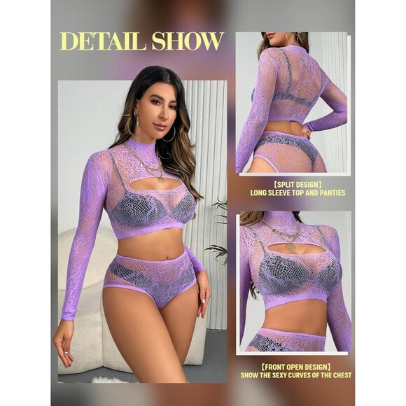 Women's Purple Lingerie Imported Front Open Bodysuit Sexy Nightwear Pajamas Set - Picture 2 of 6